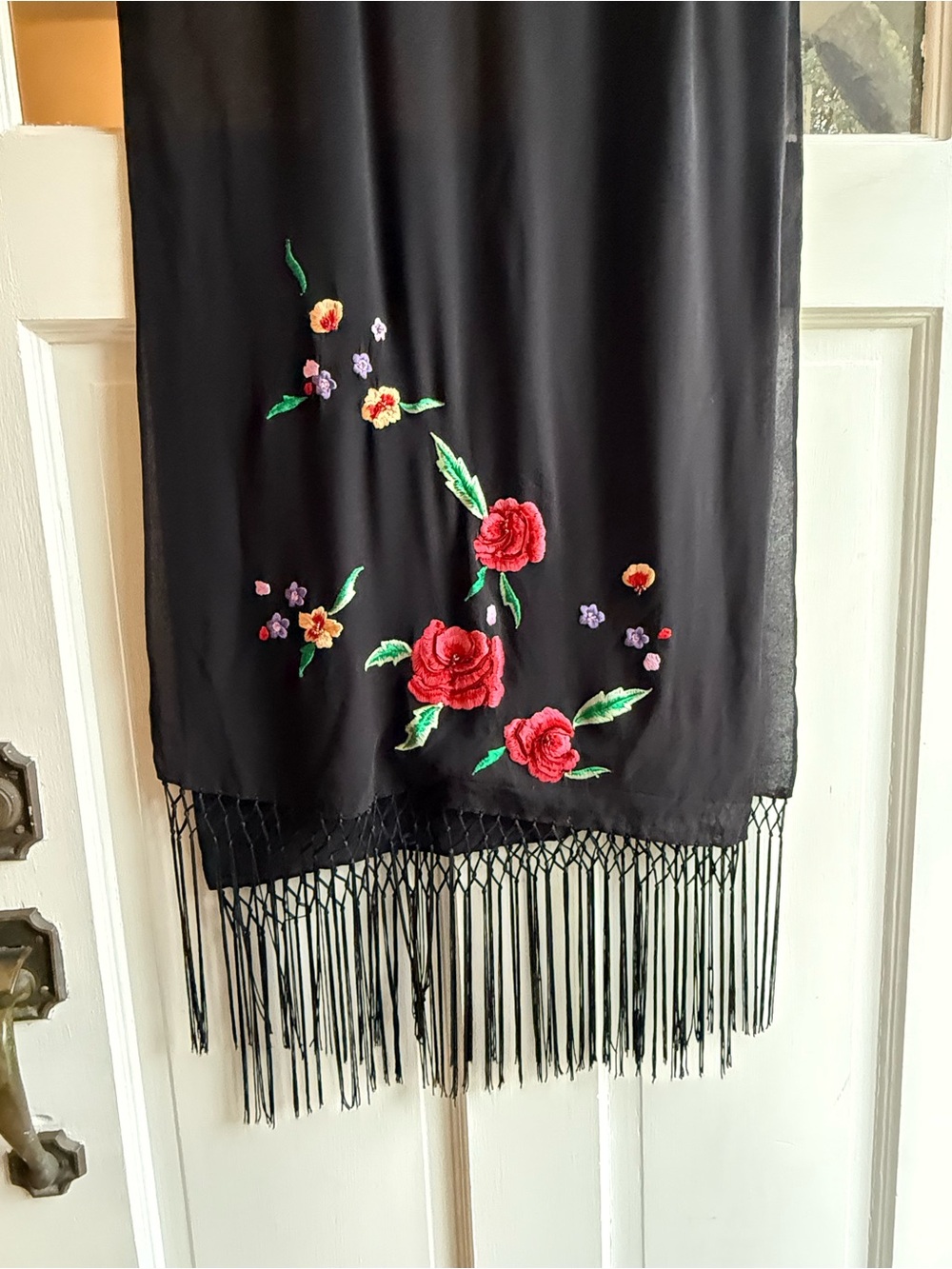 Black Floral Embroidered Fringe Shawl Scarf